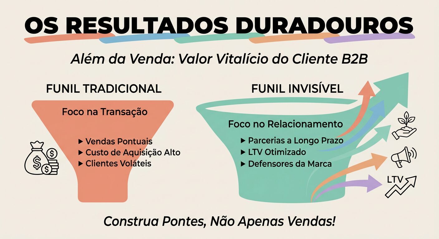 Infográfico educativo comparando os resultados do funil de vendas tradicional com o 'Funil Invisível' para B2B, destacando benefícios como parcerias a longo prazo, LTV otimizado e defensores da marca.