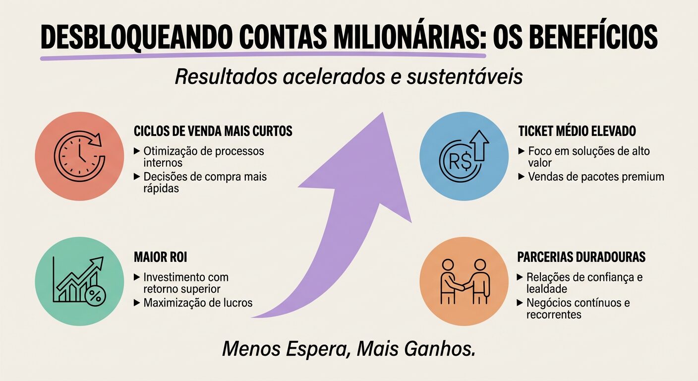 Infográfico educativo com o título "Desbloqueando Contas Milionárias: Os Benefícios" e subtítulo "Resultados acelerados e sustentáveis". Uma grande seta lilás para cima representa crescimento, rodeada por quatro círculos coloridos com benefícios: "Ciclos de Venda Mais Curtos", "Ticket Médio Elevado", "Maior ROI" e "Parcerias Duradouras", cada um com um ícone. Uma frase final destaca: "Menos Espera, Mais Ganhos."