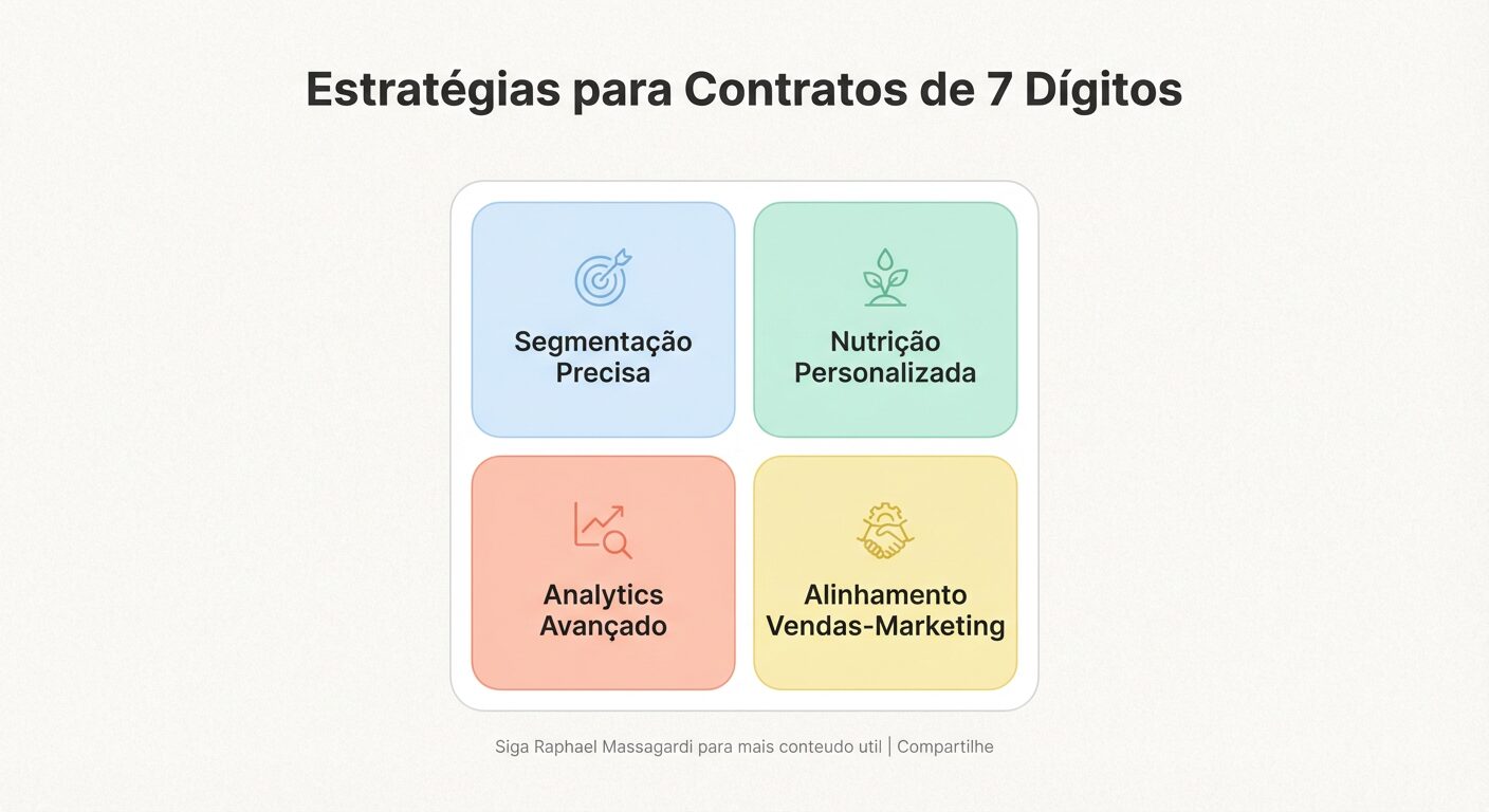 Infográfico minimalista em tons pastel com o título 'Estratégias para Contratos de 7 Dígitos'. Quatro cartões arredondados, cada um com um ícone simples e um título em português, como 'Segmentação Precisa', 'Nutrição Personalizada', 'Analytics Avançado' e 'Alinhamento Vendas-Marketing', dispostos harmoniosamente em um layout clean com muito espaço em branco.