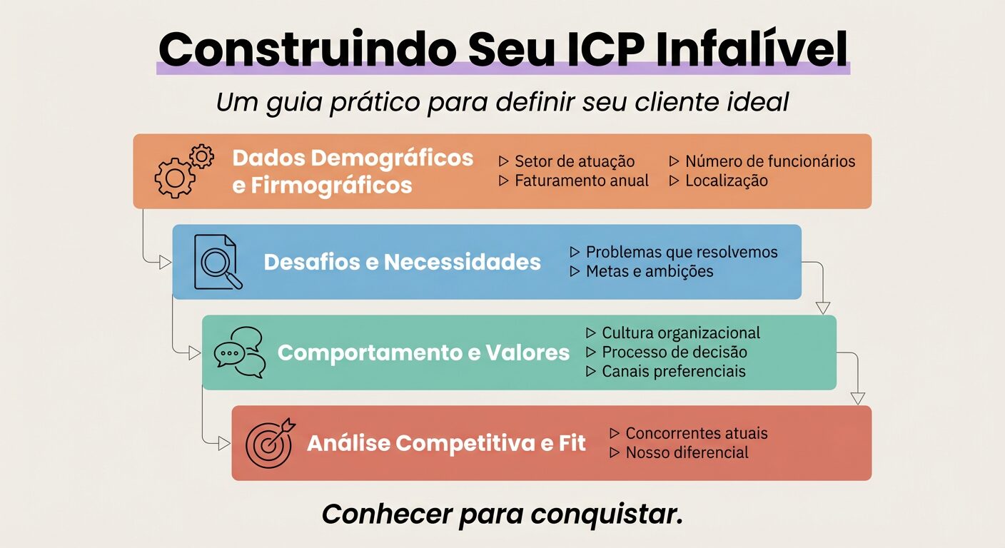 Infográfico educativo em formato de fluxograma vertical, com quatro blocos coloridos representando as etapas para construir um ICP: 'Dados Demográficos e Firmográficos', 'Desafios e Necessidades', 'Comportamento e Valores' e 'Análise Competitiva e Fit'. Título: 'Construindo Seu ICP Infalível'. Legenda: 'Conhecer para conquistar.'