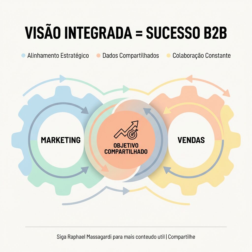 Infográfico minimalista com o título 'VISÃO INTEGRADA = SUCESSO B2B', mostrando as entidades de Marketing e Vendas perfeitamente alinhadas e conectadas. Destaca 'Alinhamento Estratégico', 'Dados Compartilhados' e 'Colaboração Constante'. Contém um rodapé com 'Siga Raphael Massagardi para mais conteudo util | Compartilhe'.