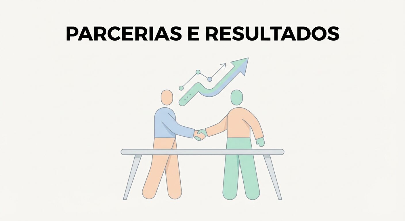 Ilustração editorial minimalista em fundo off-white, representando o sucesso em prospecção B2B. Duas figuras abstratas se cumprimentam sobre uma mesa limpa, com um gráfico de crescimento ascendente em tons pastel de verde-menta e azul-claro ao fundo. O título em negrito diz 'PARCERIAS E RESULTADOS'. O design é leve, com linhas finas e cores suaves.