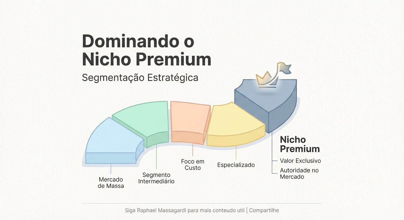 Infográfico minimalista em tons pastel ilustrando a 'Dominando o Nicho Premium', com um segmento de mercado destacado e labels como 'Segmentação Estratégica', 'Valor Exclusivo' e 'Autoridade no Mercado'.