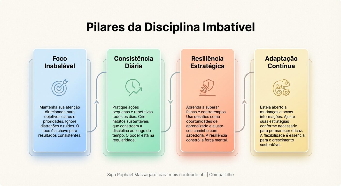 Infográfico minimalista com três pilares interligados em tons pastel, representando a 'Disciplina Imbatível' com rótulos como 'Foco Inabalável' e 'Consistência Diária', e um rodapé discreto.