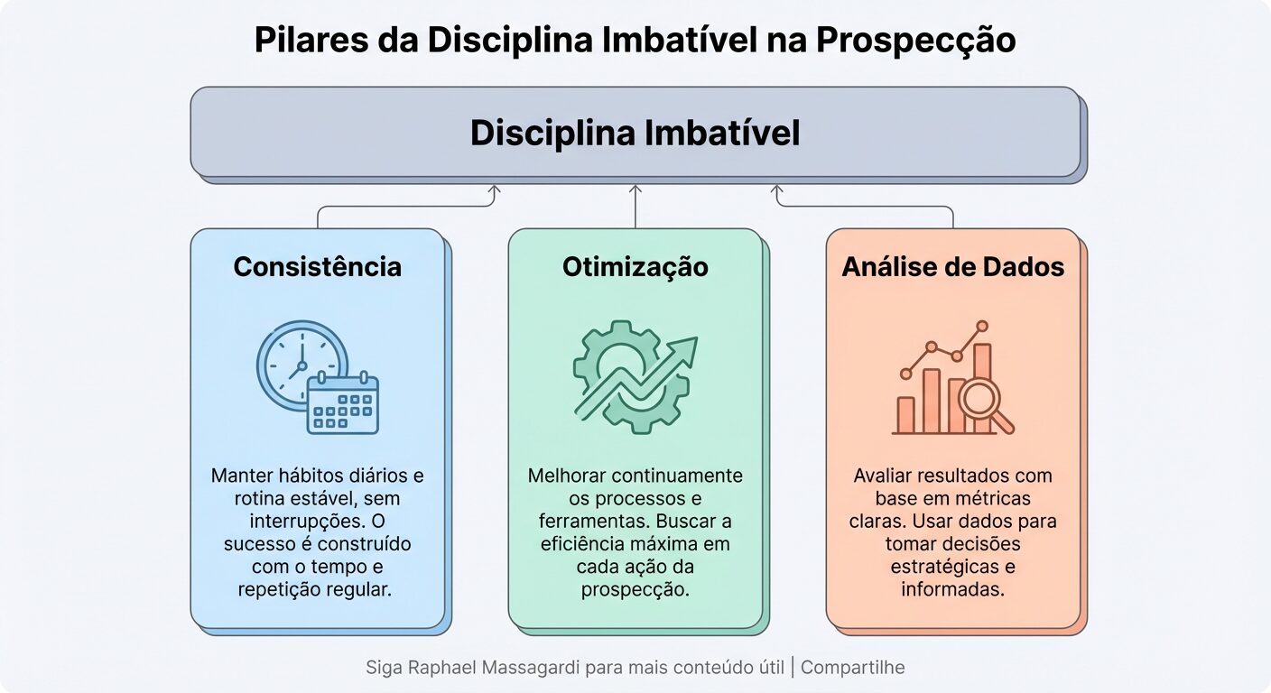 Um infográfico minimalista em tons pastel mostrando três pilares ('Consistência', 'Otimização', 'Análise de Dados') que sustentam um bloco superior 'Disciplina Imbatível', com um rodapé discreto.