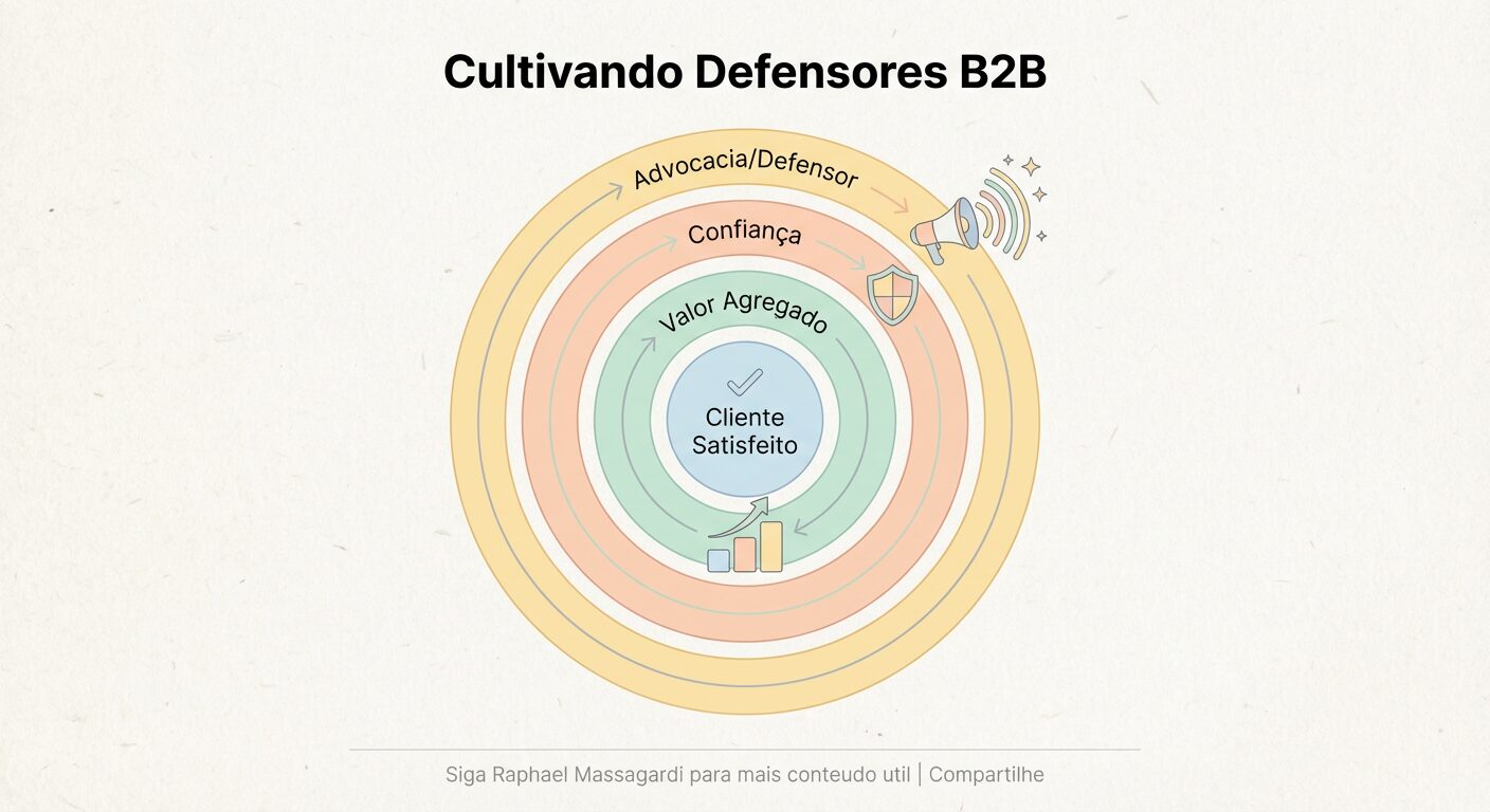 Infográfico minimalista em tons pastel, com um diagrama circular que ilustra a transformação de 'Cliente Satisfeito' em 'Defensor B2B', com ícones de valor agregado, confiança e advocacia.