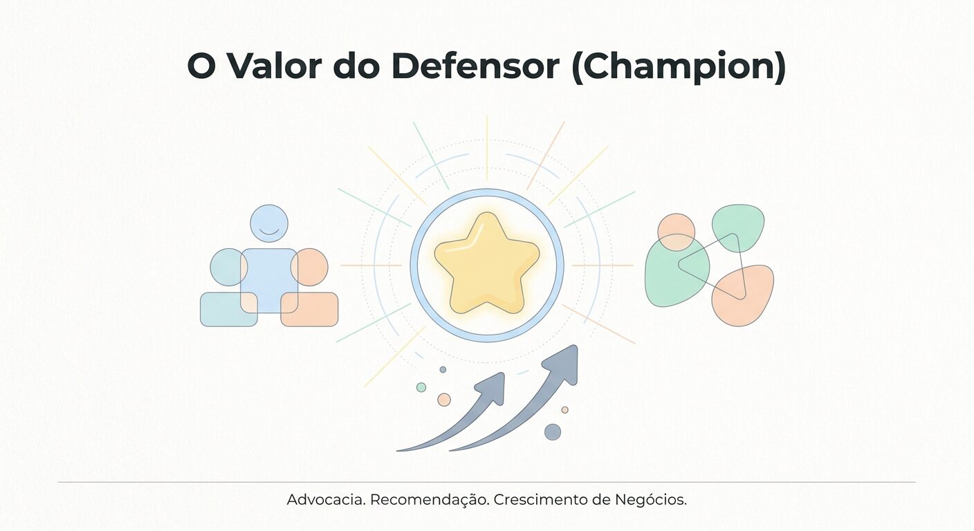 Ilustração editorial minimalista em tons pastel, mostrando um ícone central de 'Champion' (estrela) com formas abstratas e setas ascendentes ao redor, simbolizando o valor e a influência de defensores da marca.