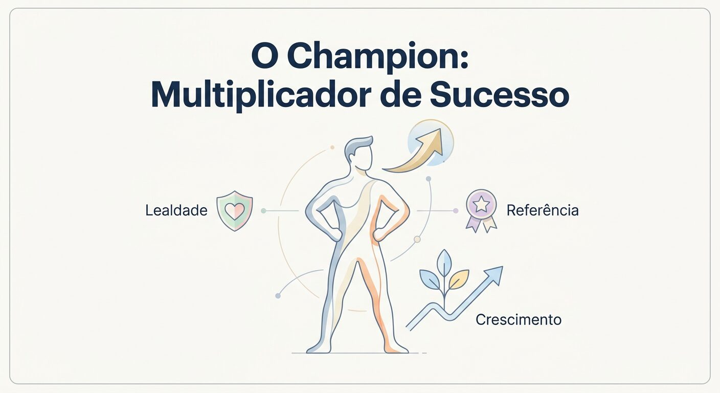 Ilustração editorial minimalista com o texto 'O Champion: Multiplicador de Sucesso'. Uma figura genérica e abstrata, em tons pastel, com um ícone de crescimento. Ao redor, pequenos ícones com os textos 'Lealdade', 'Referência' e 'Crescimento' em fundo off-white.