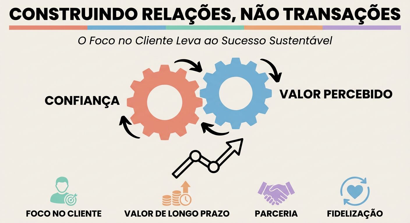 Infográfico educativo intitulado "Construindo Relações, Não Transações", ilustrando a interconexão entre confiança e valor percebido através de engrenagens e um gráfico de crescimento, enfatizando o foco no cliente para um sucesso B2B sustentável e fidelização.
