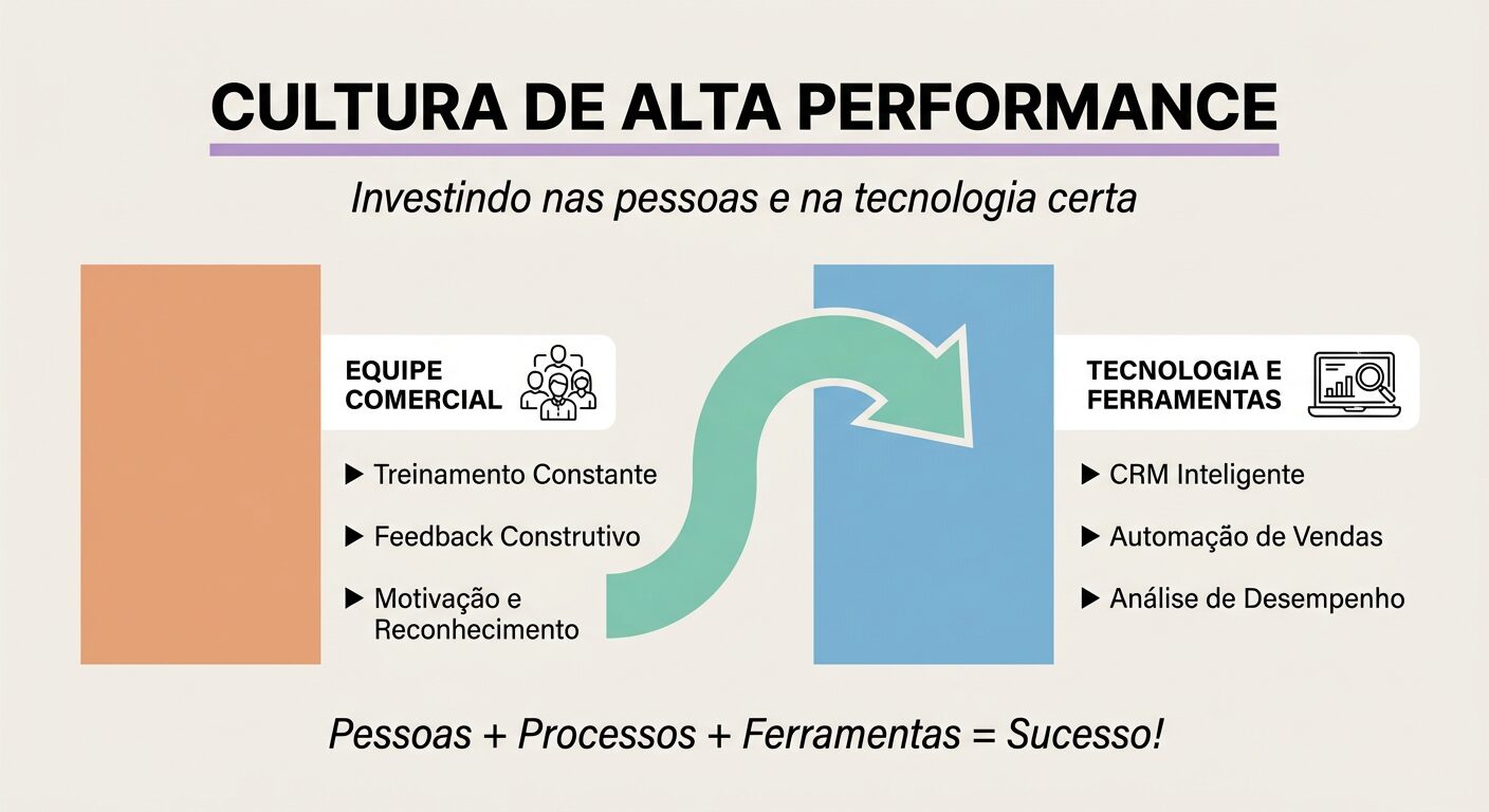 Infográfico sobre uma Cultura de Alta Performance. Dois pilares interligados: 'Equipe Comercial' (laranja) com tópicos como treinamento e feedback, e 'Tecnologia e Ferramentas' (azul) com CRM e automação. Uma seta verde-água simboliza a sinergia entre eles, e a frase 'Pessoas + Processos + Ferramentas = Sucesso!'.