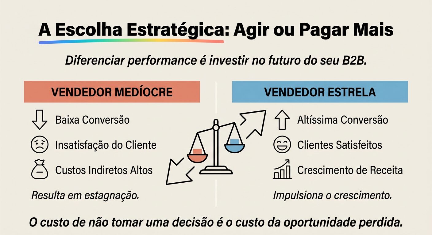 Infográfico educacional em off-white com o título 'A Escolha Estratégica: Agir ou Pagar Mais'. Duas colunas contrastam 'Vendedor Medíocre' (com 'Baixa Conversão', 'Insatisfação do Cliente', 'Custos Indiretos Altos') e 'Vendedor Estrela' (com 'Altíssima Conversão', 'Clientes Satisfeitos', 'Crescimento de Receita'), cada item com um ícone simples e texto em português. Uma balança desequilibrada simboliza a escolha.
