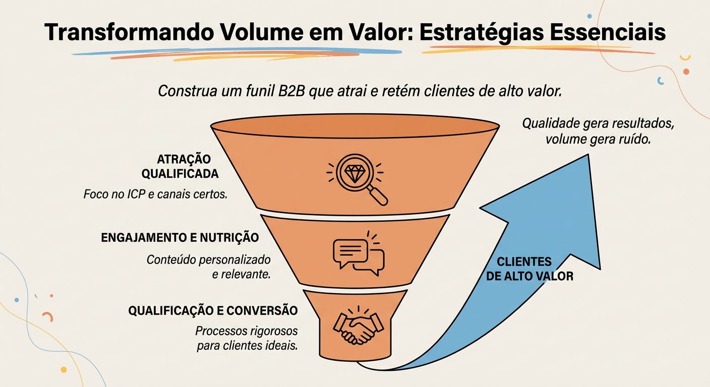 Infográfico educativo intitulado 'Transformando Volume em Valor: Estratégias Essenciais', que ilustra um funil de vendas laranja com os estágios de 'Atração Qualificada', 'Engajamento e Nutrição' e 'Qualificação e Conversão', cada um com ícones e textos explicativos. Uma seta azul ascendente aponta para 'Clientes de Alto Valor' no final do funil.