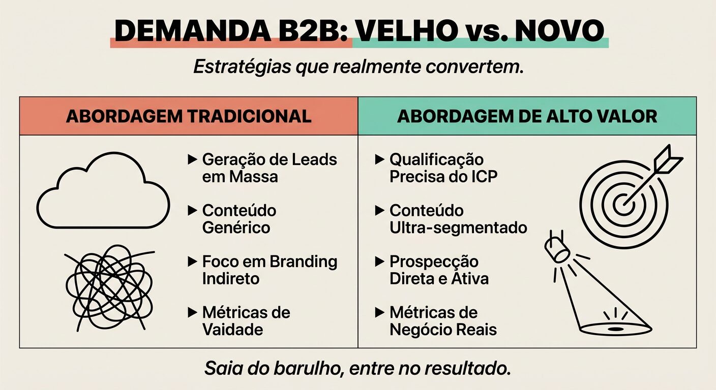 Infográfico educativo comparando a 'Abordagem Tradicional' de marketing B2B, com foco em volume, e a 'Abordagem de Alto Valor', com foco em qualificação e resultados.
