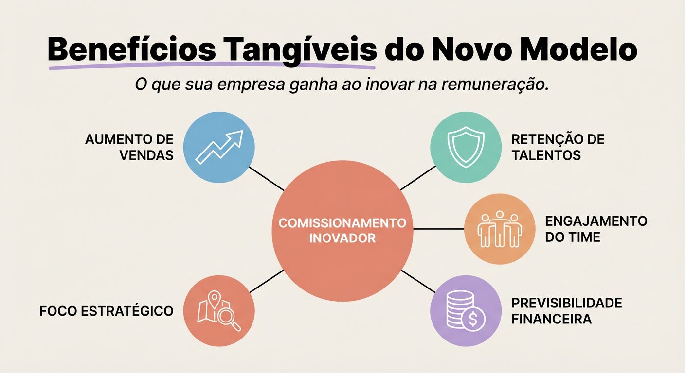 Infográfico com um círculo central 'COMISSIONAMENTO INOVADOR' e cinco círculos menores ao redor, detalhando os 'Benefícios Tangíveis do Novo Modelo': Aumento de Vendas, Retenção de Talentos, Engajamento do Time, Previsibilidade Financeira e Foco Estratégico.