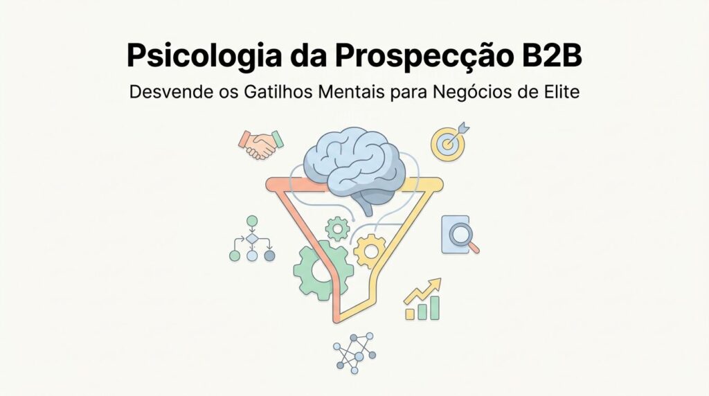 Infográfico minimalista com o título 'Psicologia da Prospecção B2B' e subtítulo 'Desvende os Gatilhos Mentais para Negócios de Elite'. A imagem centraliza um ícone abstrato de cérebro ou engrenagens conectadas a um funil de vendas simplificado, em tons pastel suaves e fundo off-white, simbolizando a união de psicologia e prospecção em negócios de elite.