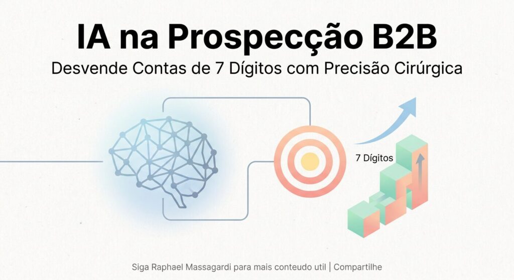 Infográfico minimalista com fundo off-white. O título é "IA na Prospecção B2B" em fonte sans-serif preta e bold. Abaixo, o subtítulo "Desvende Contas de 7 Dígitos com Precisão Cirúrgica" em sans-serif regular. Um ícone abstrato de IA está conectado a um alvo e a blocos empilhados que representam '7 Dígitos', tudo em cores pastel suaves. O layout é clean, com muito espaço em branco. Há um rodapé discreto em cinza claro com a frase "Siga Raphael Massagardi para mais conteudo util | Compartilhe".