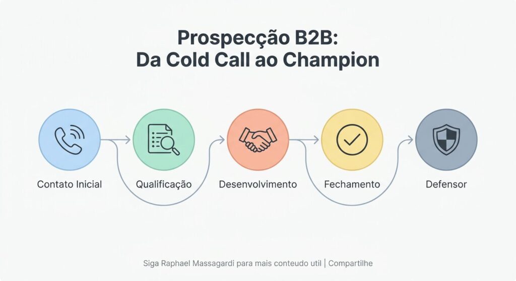 Infográfico minimalista em tons pastel ilustrando o roteiro de prospecção B2B, da cold call à conquista de defensores. O caminho mostra etapas como Contato Inicial, Qualificação, Desenvolvimento, Fechamento e Defensor, com ícones abstratos e texto em português. O layout é limpo e editorial.