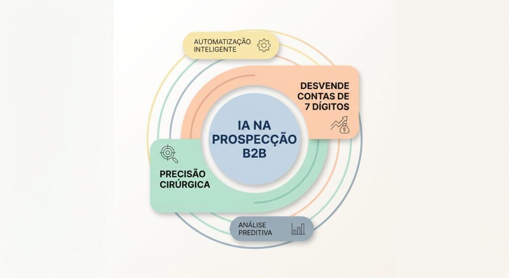 Imagem de capa com um infográfico minimalista que ilustra a interseção de IA e prospecção B2B, com destaque para a descoberta de contas de 7 dígitos e precisão cirúrgica, em tons pastel.