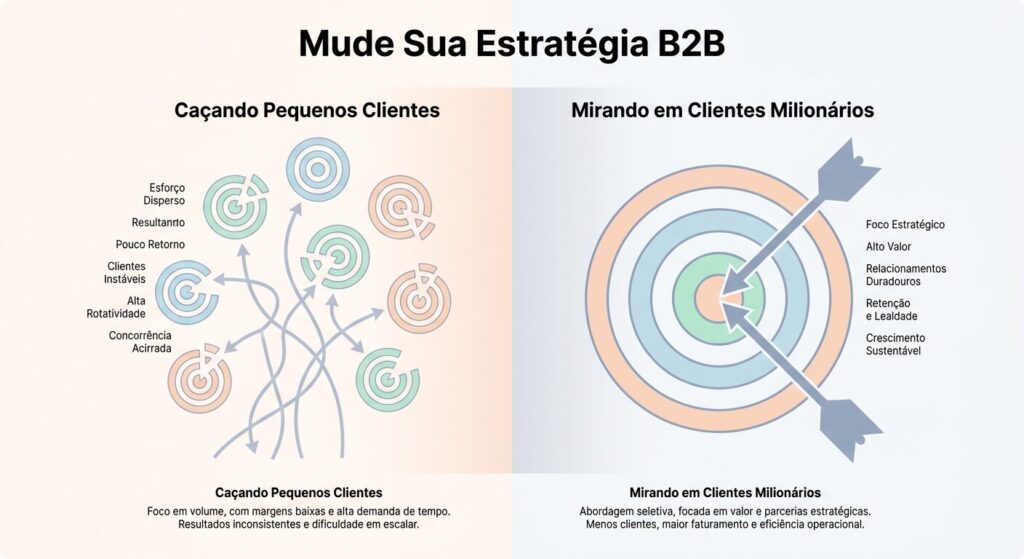 Infográfico minimalista mostrando a transição de estratégia B2B, com o lado esquerdo representando 'Caçando Pequenos Clientes' com pequenos alvos e várias setas espalhadas, e o lado direito representando 'Mirando em Clientes Milionários' com um grande alvo e uma única seta focada. O título principal é 'Mude Sua Estratégia B2B'.