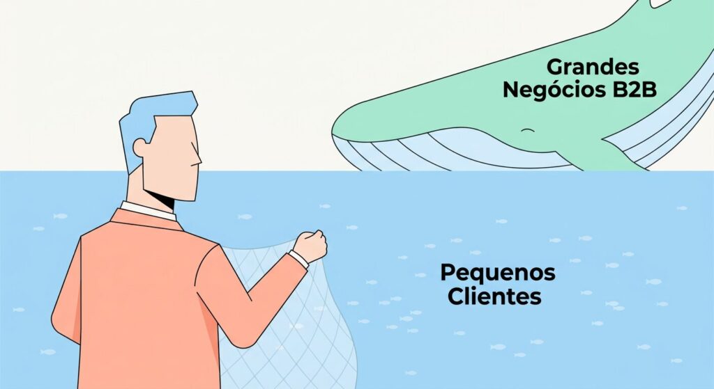 Ilustração minimalista com um empresário abstrato observando muitos pequenos peixes marcados 'Pequenos Clientes' e uma grande baleia proeminente marcada 'Grandes Negócios B2B', simbolizando a mudança de foco de pequenos para grandes clientes B2B.
