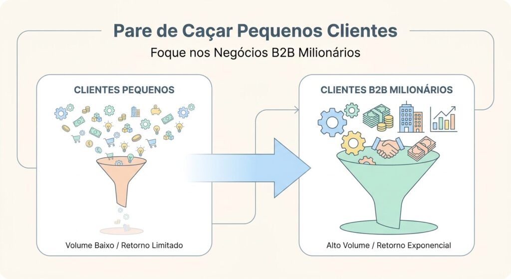 Infográfico minimalista mostrando a transição de focar em muitos pequenos clientes (representados por ícones pequenos e um funil estreito) para focar em poucos e grandes clientes B2B milionários (representados por ícones maiores e um funil largo), com uma seta indicando a mudança de estratégia. Títulos na imagem: 'Pare de Caçar Pequenos Clientes' e 'Foque nos Negócios B2B Milionários'.