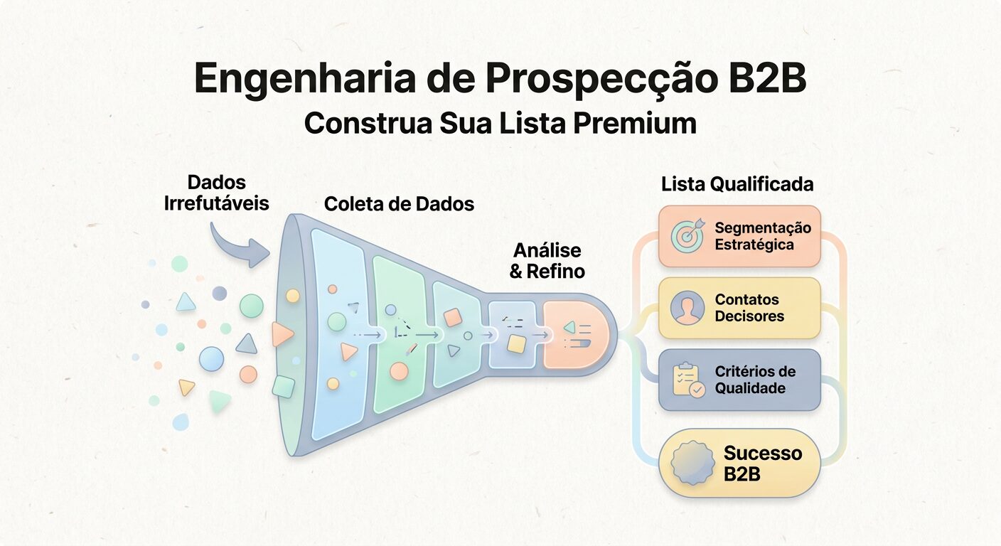 Infográfico minimalista pastel ilustrando a 'Engenharia de Prospecção B2B', com dados brutos transformando-se em uma lista de leads qualificados através de um processo estruturado de coleta, análise e refino. O design é clean e editorial.