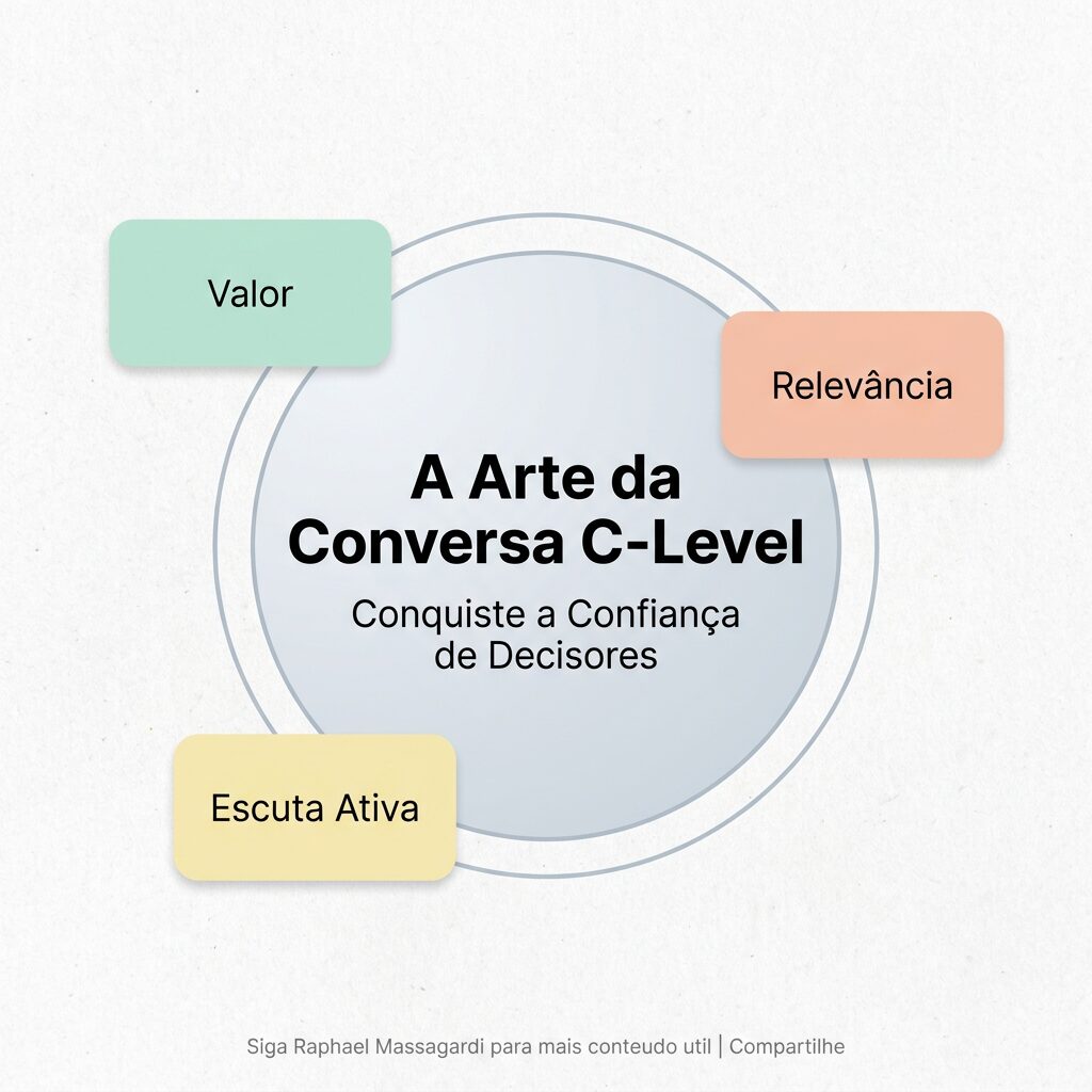 Infográfico minimalista pastel com um círculo central escrito 'A Arte da Conversa C-Level: Conquiste a Confiança de Decisores', e três cards orbitando com as palavras 'Valor', 'Relevância' e 'Escuta Ativa'. O design é limpo e editorial, com muito espaço em branco.