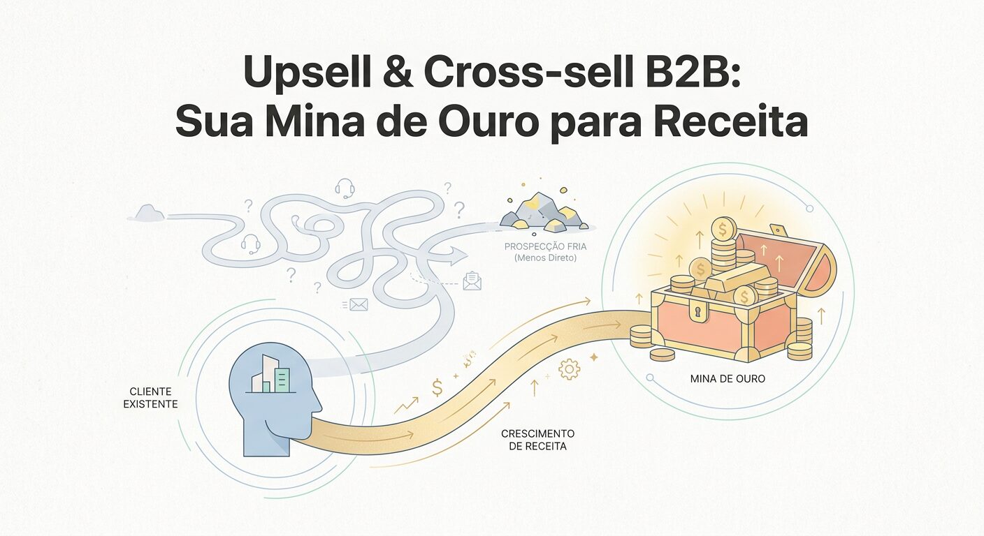 Ilustração editorial minimalista com um cliente simplificado ao lado de uma montanha de moedas de ouro, simbolizando receita gerada. Ao fundo, uma trilha mais longa e complexa para prospecção fria. Título em Português: 'Upsell & Cross-sell B2B: Sua Mina de Ouro para Receita'.