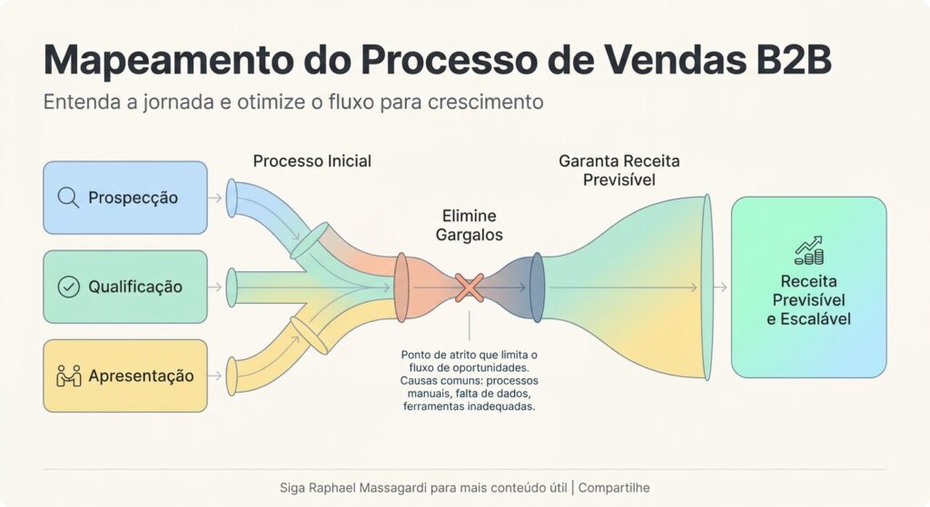 Infográfico minimalista mostrando o mapeamento de processo de vendas B2B. Um diagrama de fluxo com um gargalo visualmente bloqueado e, em seguida, um fluxo suave e desobstruído. Títulos em português: 'Mapeamento do Processo de Vendas B2B', 'Elimine Gargalos', 'Garanta Receita Previsível'.