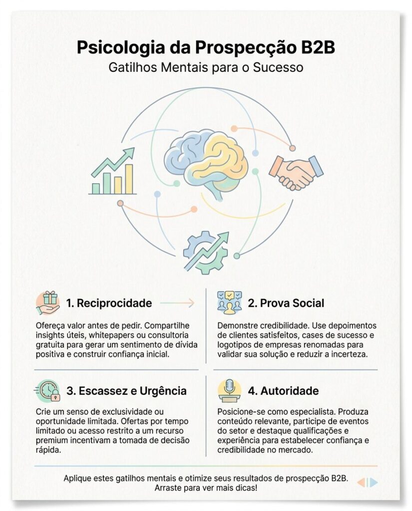 Infográfico minimalista pastel com um cérebro conectado a ícones de negócios (gráfico de crescimento e aperto de mãos), representando a psicologia da prospecção B2B. Título principal: 'Psicologia da Prospecção B2B: Gatilhos Mentais para o Sucesso'.