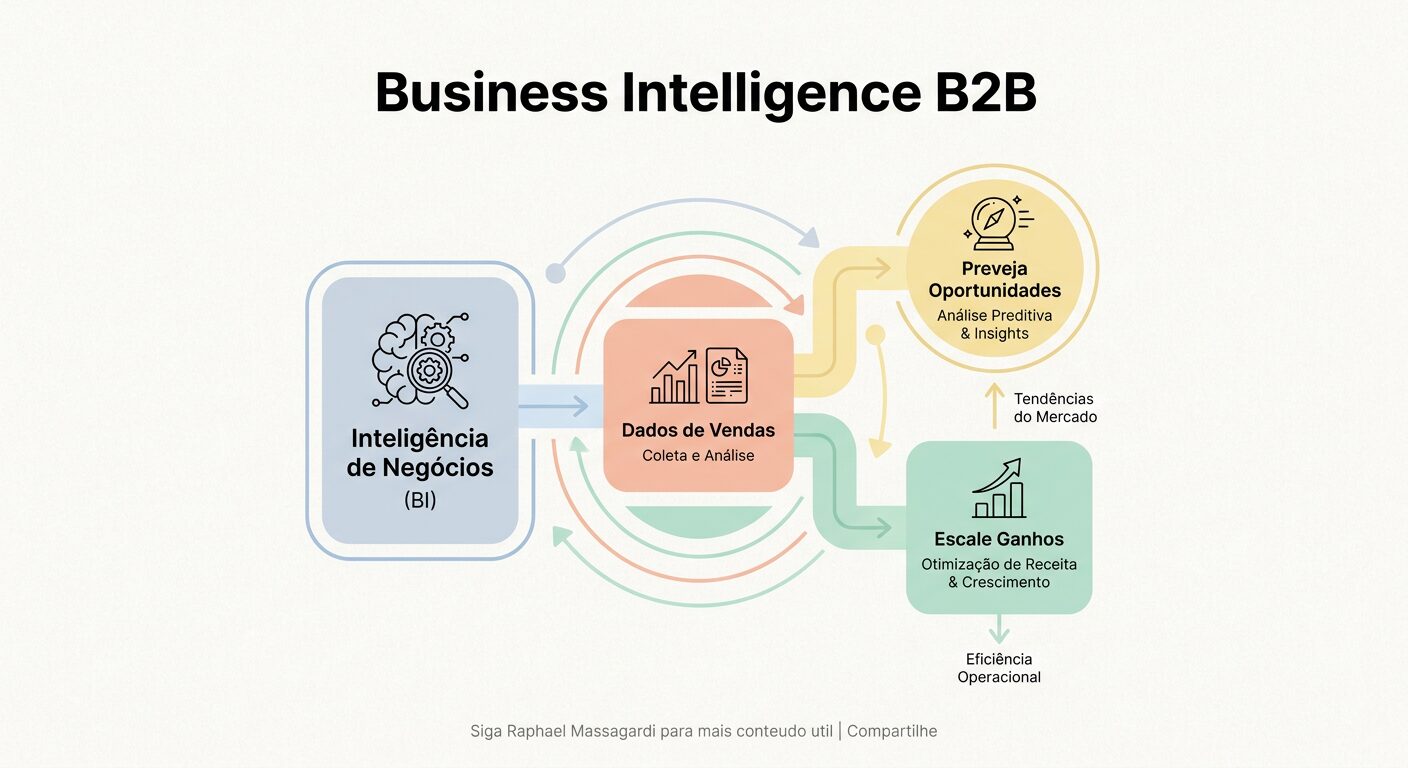 Infográfico minimalista pastel para capa de blog, conectando Business Intelligence B2B com dados de vendas para prever oportunidades e escalar ganhos. Fundo off-white, ícones abstratos e texto em português.
