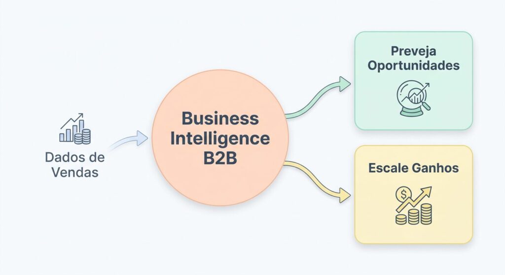 Infográfico minimalista pastel com um círculo central 'Business Intelligence B2B'. Flechas de entrada indicam 'Dados de Vendas' e flechas de saída apontam para cards 'Preveja Oportunidades' e 'Escale Ganhos', representando a aplicação de BI para resultados.