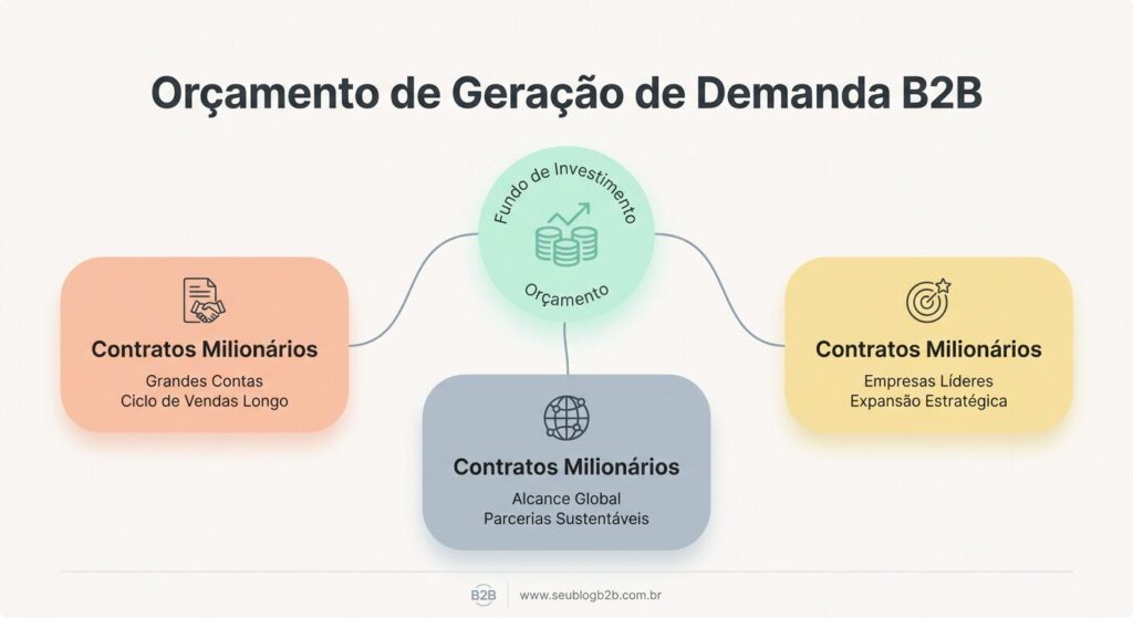 Infográfico minimalista em tons pastel com um círculo central representando o orçamento B2B, de onde partem linhas finas para cards arredondados que simbolizam 'Contratos Milionários', com o título 'Orçamento de Geração de Demanda B2B' em português.