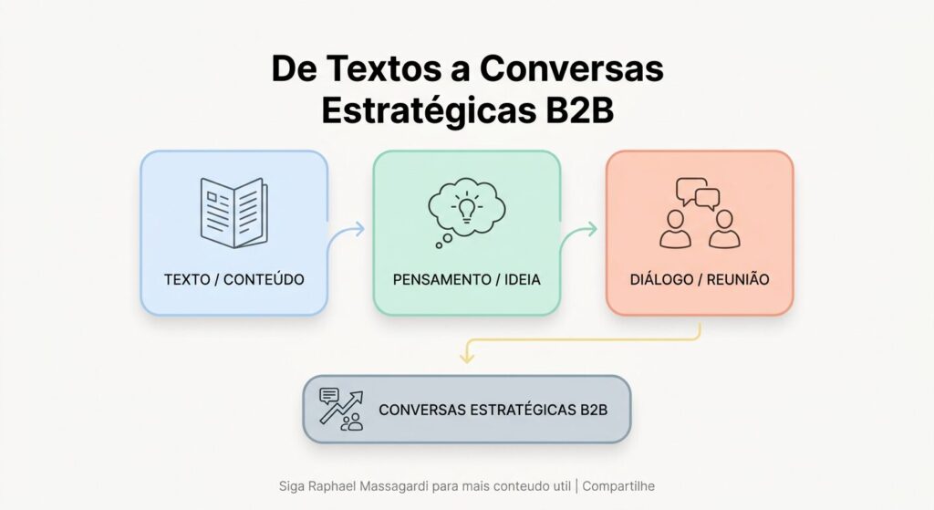 Infográfico minimalista com fundo off-white e tons pastel. O título em sans-serif bold 'De Textos a Conversas Estratégicas B2B' guia a visualização de um fluxo. Ícones simples representam a evolução de um documento para um balão de fala e, em seguida, duas figuras abstratas dialogando, simbolizando a transformação do conteúdo em conversas estratégicas B2B. Há muito respiro visual e o rodapé 'Siga Raphael Massagardi para mais conteudo util | Compartilhe'.