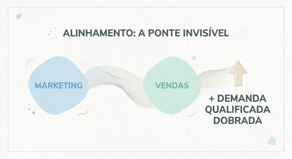 Infográfico minimalista mostrando blocos coloridos pastel para 'Marketing' e 'Vendas' conectados por uma 'ponte invisível', com um texto indicando 'ALINHAMENTO' e um resultado de '+ DEMANDA QUALIFICADA DOBRADA'.
