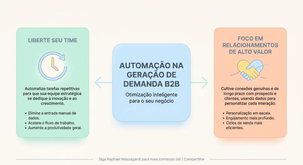 Infográfico minimalista com o título 'Automação na Geração de Demanda B2B' ao centro, ramificando-se para 'Liberte Seu Time' e 'Foco em Relacionamentos de Alto Valor', em tons pastel, fundo claro e tipografia clean.
