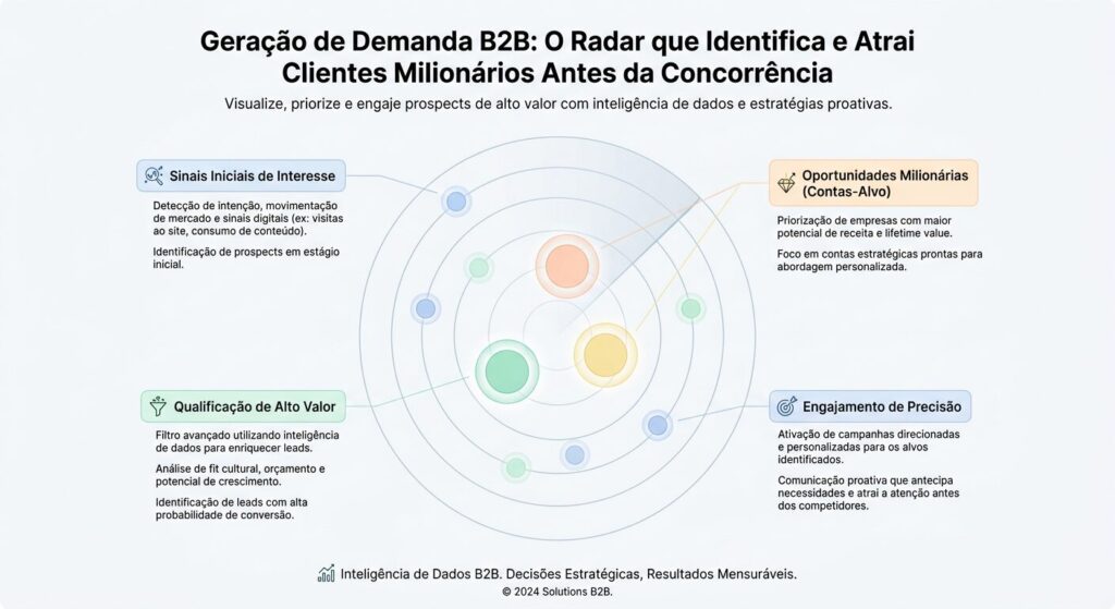 Infográfico de capa minimalista com um radar estilisado sobre um fundo off-white, destacando o título 'Geração de Demanda B2B: O Radar que Identifica e Atrai Clientes Milionários Antes da Concorrência'. A paleta de cores é pastel e suave, com elementos circulares que representam a identificação de clientes.