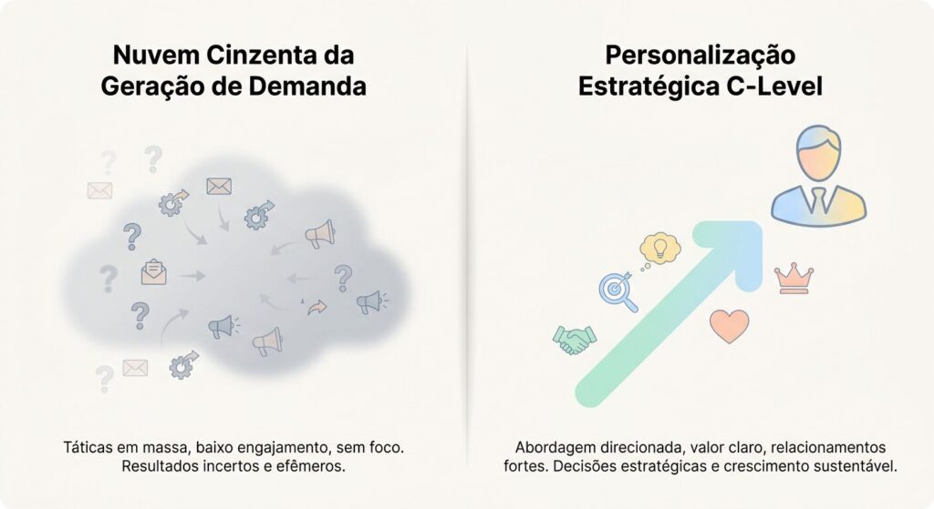 Infográfico minimalista mostrando a divisão entre uma 'Nuvem Cinzenta da Geração de Demanda' com mensagens genéricas desaparecendo e uma 'Personalização Estratégica C-Level' com um caminho claro e direto para um ícone executivo.