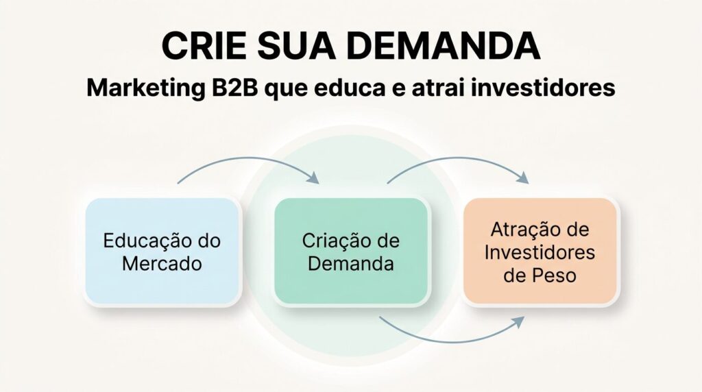 Infográfico minimalista com fundo off-white. Um diagrama circular interliga três cartões arredondados: 'Educação do Mercado', 'Criação de Demanda' e 'Atração de Investidores de Peso', com setas indicando o fluxo. Títulos principais em português: 'CRIE SUA DEMANDA' e 'Marketing B2B que educa e atrai investidores'.