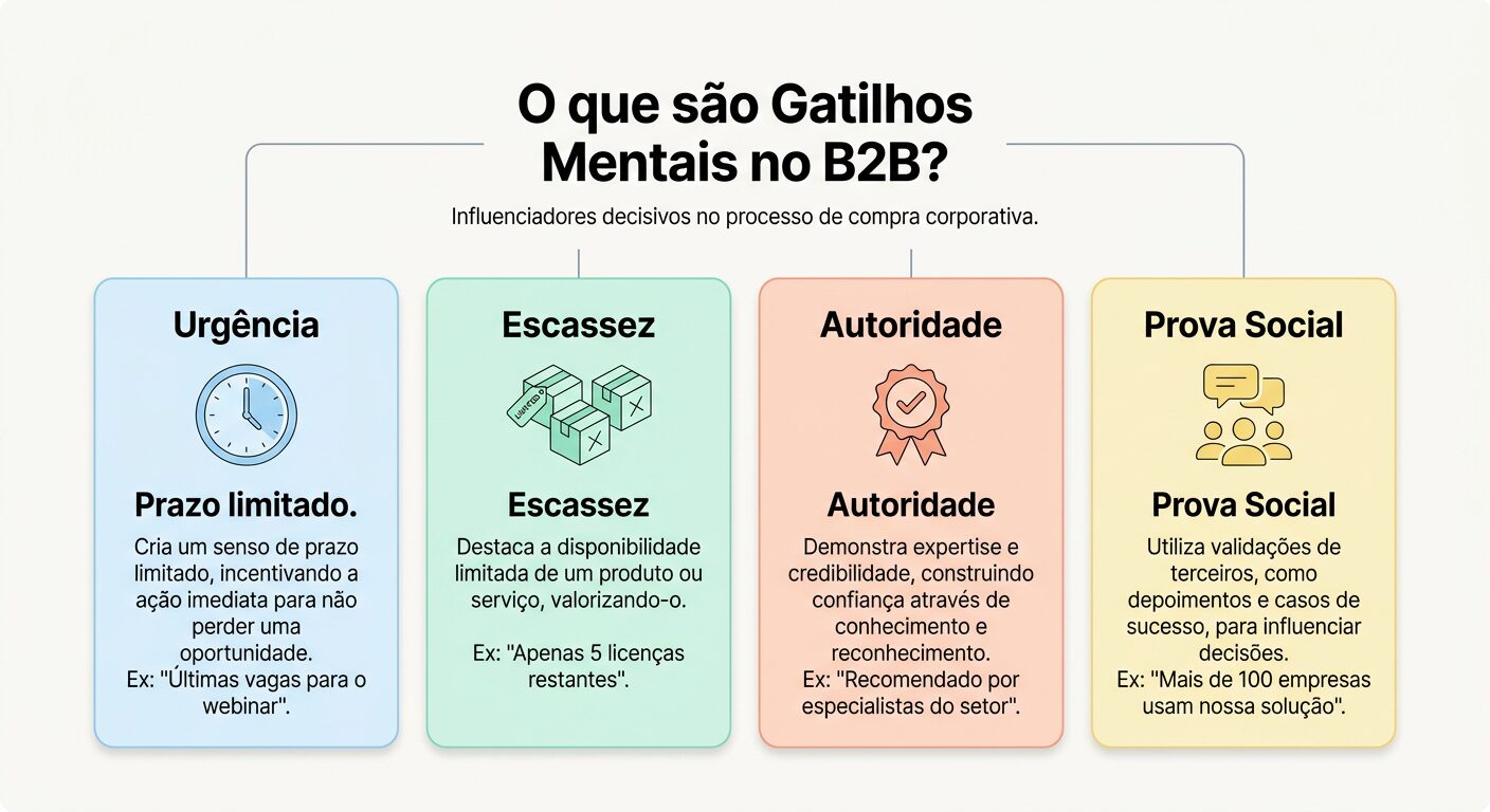 Infográfico minimalista em tons pastel com a pergunta central 'O que são Gatilhos Mentais no B2B?'. Quatro cards arredondados apresentam os gatilhos: 'Urgência' (com ícone de relógio), 'Escassez' (com ícone de poucos itens), 'Autoridade' (com ícone de medalha) e 'Prova Social' (com ícone de pessoas ou balões de fala). Fundo off-white.