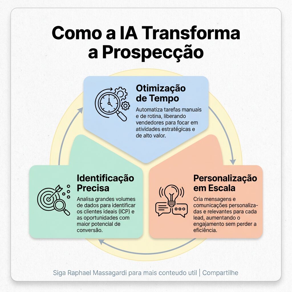 Infográfico minimalista com um diagrama circular de três segmentos, cada um em um tom pastel diferente, sobre um fundo off-white. O título superior é "Como a IA Transforma a Prospecção". Cada segmento contém um ícone simples e uma frase curta em Português: "Otimização de Tempo", "Identificação Precisa" e "Personalização em Escala". O layout é clean e com bastante espaço em branco. Um rodapé discreto em cinza claro diz "Siga Raphael Massagardi para mais conteudo util | Compartilhe".