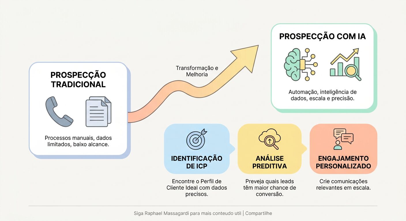 Infográfico minimalista comparando prospecção tradicional com prospecção baseada em IA, destacando a identificação de ICP, análise preditiva e engajamento personalizado, com texto em português.