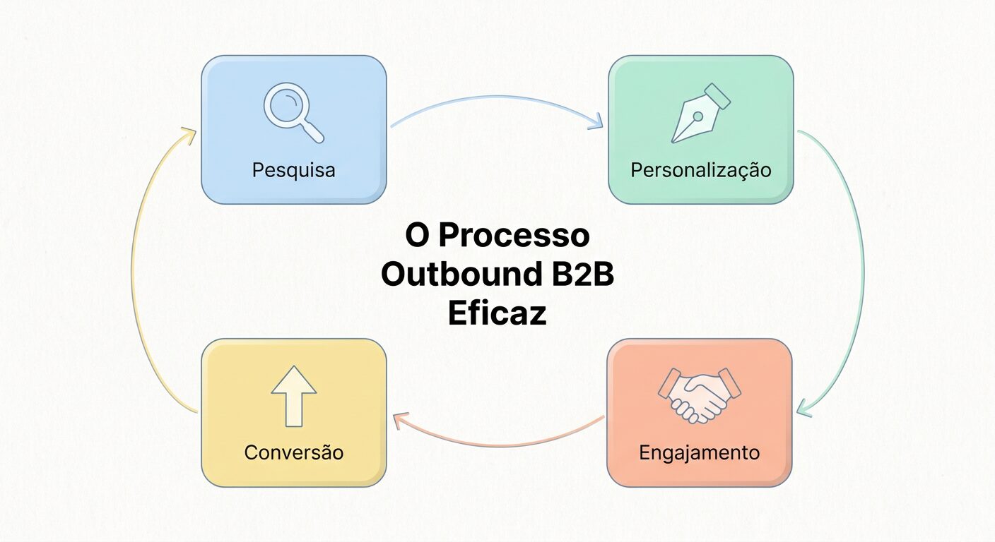 Infográfico minimalista em tons pastel ilustrando o processo Outbound B2B eficaz. Quatro cards circulares ou blocos conectados representam as etapas: Pesquisa, Personalização, Engajamento e Conversão, cada um com um ícone simples e legível. Título: O Processo Outbound B2B Eficaz.