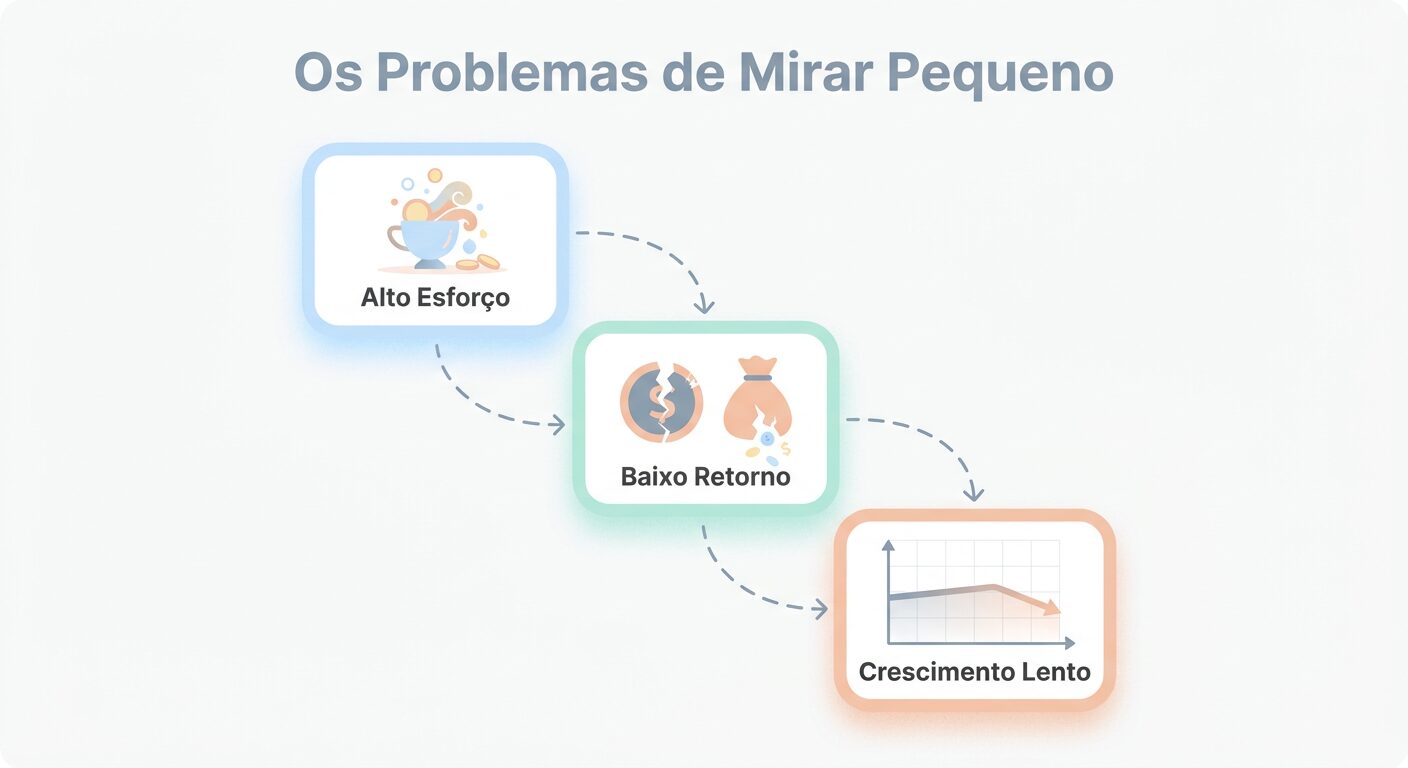 Infográfico minimalista descrevendo os problemas de focar em clientes pequenos. Três cards conectados mostram ícones para 'Alto Esforço', 'Baixo Retorno' e 'Crescimento Lento'. O título é 'Os Problemas de Mirar Pequeno'.