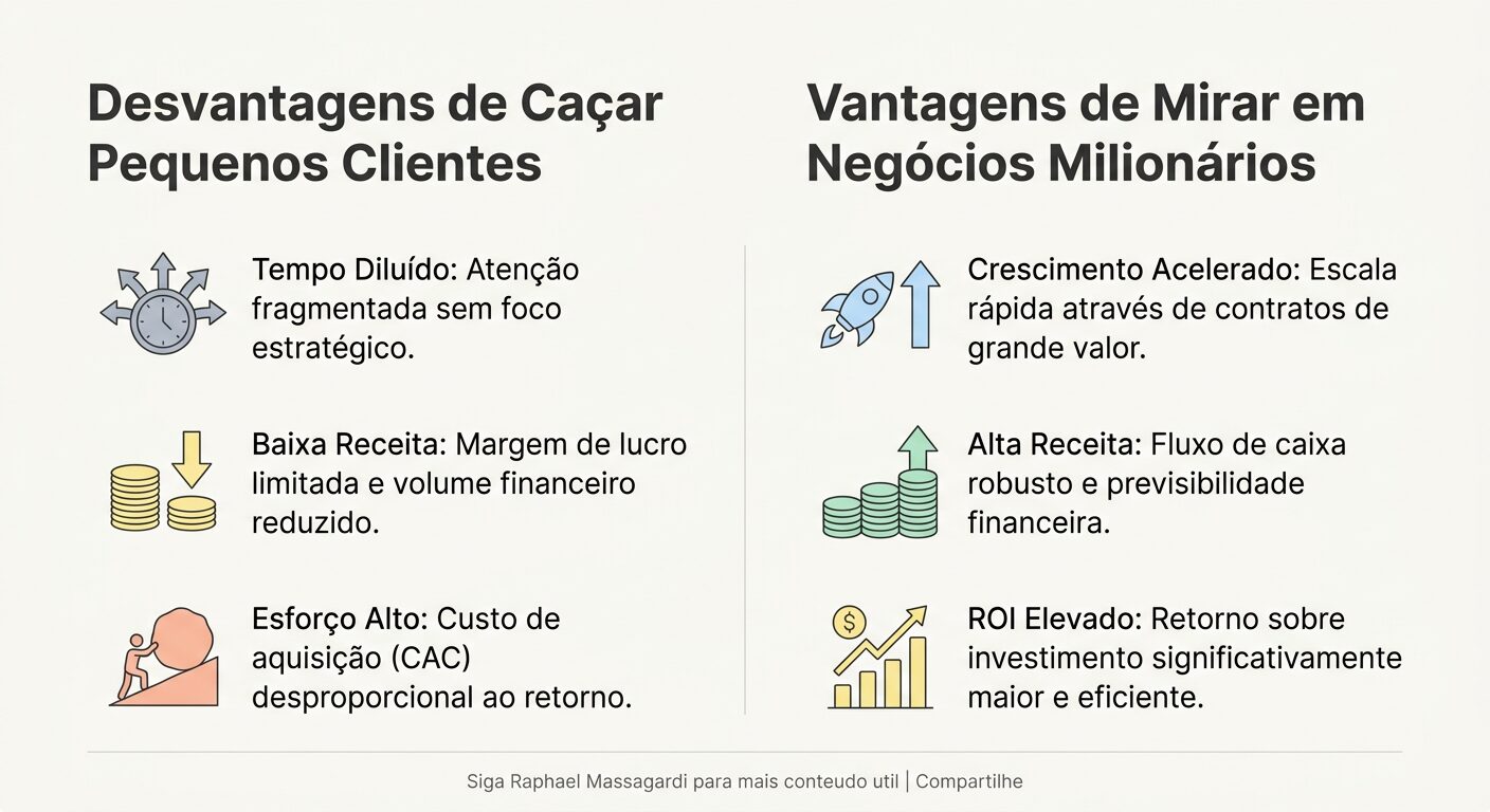 Infográfico minimalista comparando 'Desvantagens de Caçar Pequenos Clientes' com 'Vantagens de Mirar em Negócios Milionários', destacando tempo, receita e ROI.
