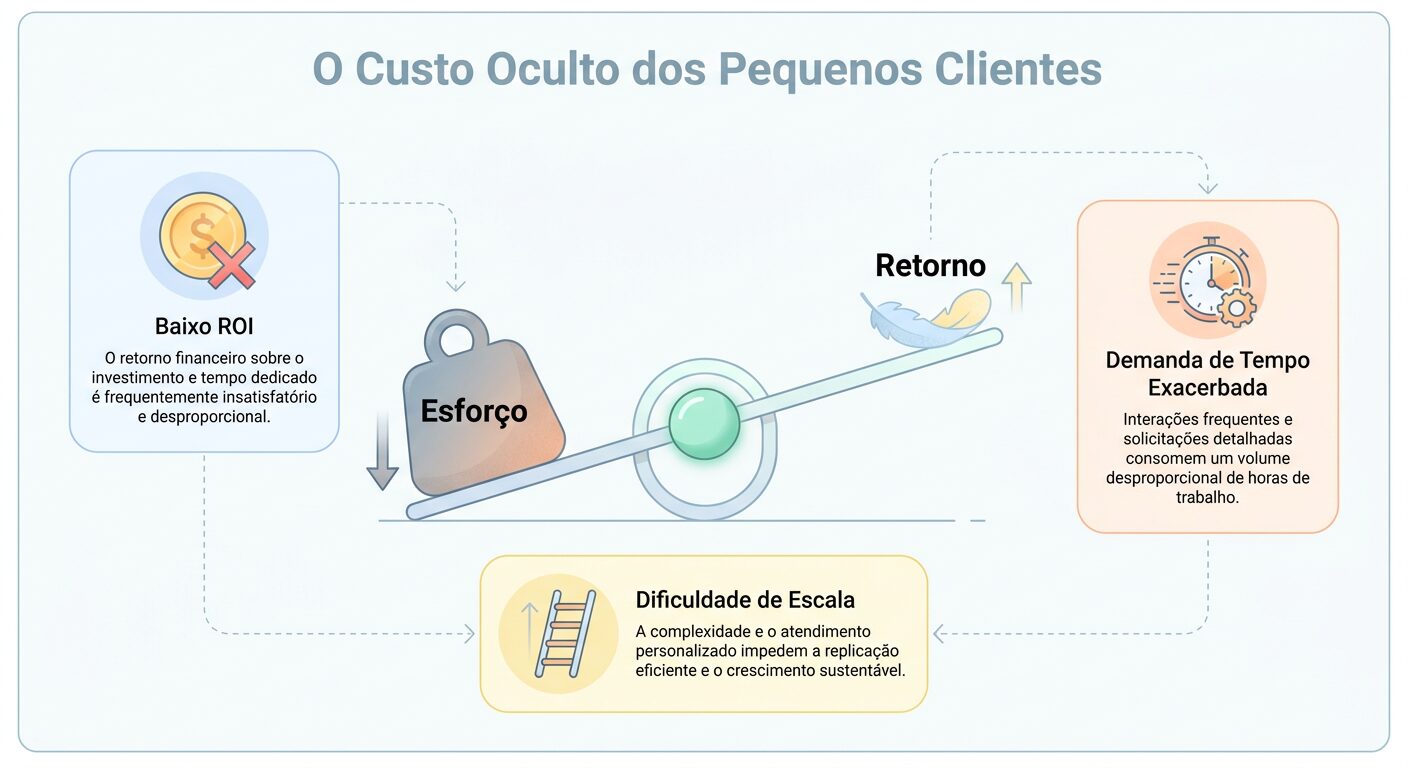 Infográfico minimalista detalhando o custo oculto de pequenos clientes. Apresenta uma balança desequilibrada onde o 'Esforço' pesa mais que o 'Retorno'. Três cards explicam os problemas: 'Baixo ROI', 'Demanda de Tempo Exacerbada' e 'Dificuldade de Escala'. Cores pastel, design clean.