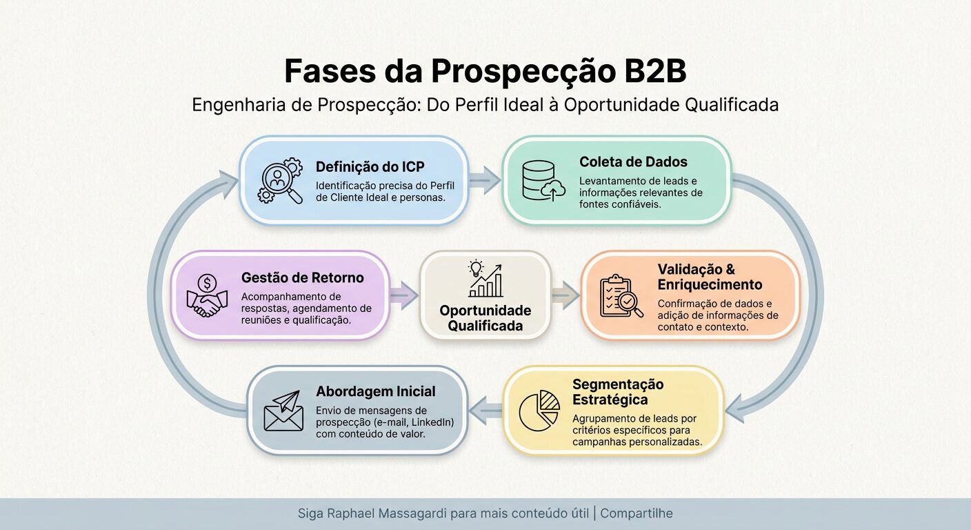 Infográfico minimalista com diagrama circular detalhando as fases da engenharia de prospecção B2B, incluindo definição do ICP, coleta de dados, validação e enriquecimento, e segmentação estratégica, em tons pastel. Com rodapé discreto.