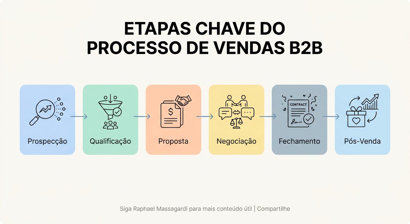 Infográfico minimalista com as etapas chave do processo de vendas B2B. Seis cards arredondados em sequência, cada um com um ícone e um nome de etapa em português: 'Prospecção', 'Qualificação', 'Proposta', 'Negociação', 'Fechamento', 'Pós-Venda'.