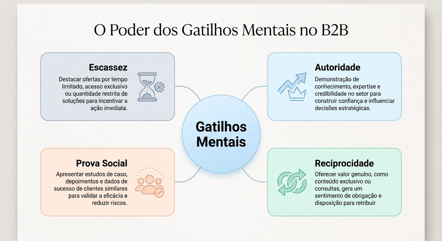 Infográfico minimalista pastel ilustrando 'O Poder dos Gatilhos Mentais no B2B' com quatro cards representando Autoridade, Reciprocidade, Prova Social e Escassez, cada um com um ícone simples e cores suaves.