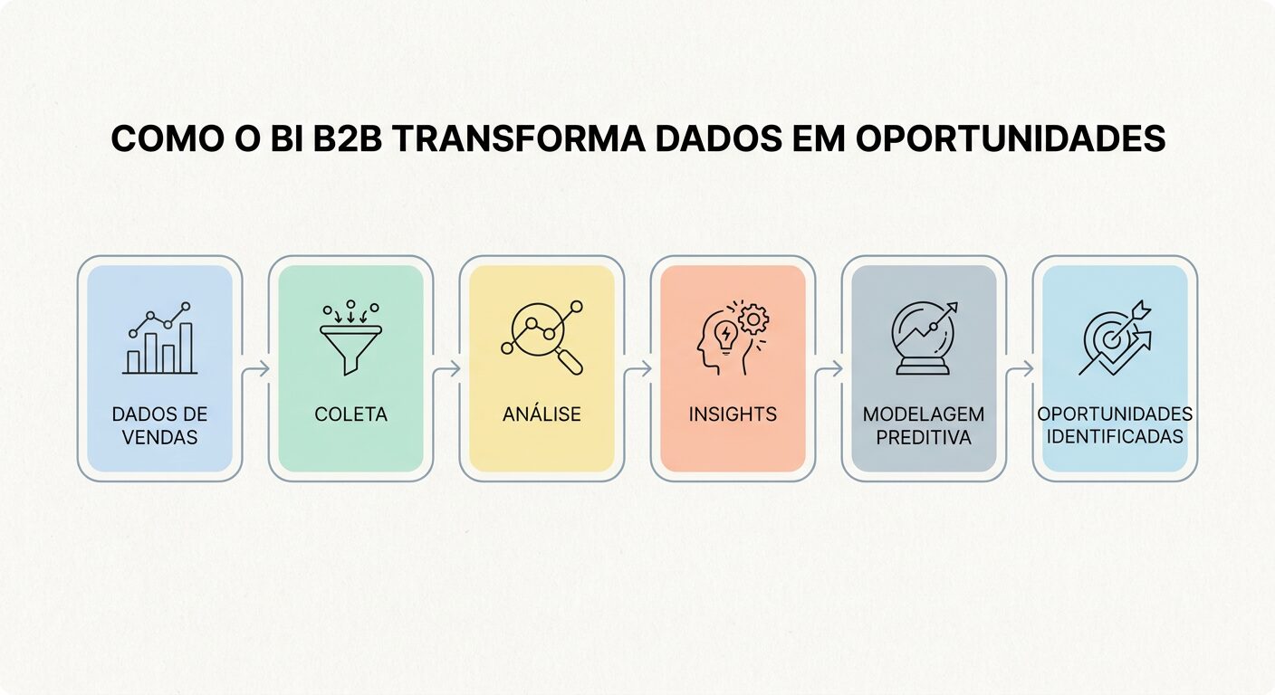 Infográfico minimalista e clean descrevendo o processo de Business Intelligence B2B, desde a coleta de dados de vendas até a identificação de oportunidades. Diagrama de fluxo com ícones simples e texto em português.